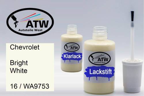 Chevrolet, Bright White, 16 / WA9753: 20ml Lackstift + 20ml Klarlack - Set, von ATW Autoteile West.